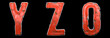 Set of letters Y, Z and number 0 made of red painted metal isolated on black background. 3d