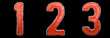 Set of numbers 1, 2, 3 made of red painted metal isolated on black background. 3d