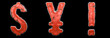 Set of symbols dollar, yen, exclamation mark made of red painted metal isolated on black background. 3d