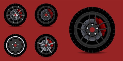 Sports car rim. car tyre collection isolated graphic design for modern transportation car.