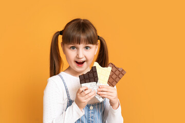 Sticker - Cute funny girl with chocolate on color background