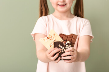 Sticker - Cute funny girl with chocolate on color background