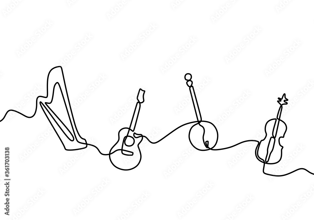 Melodic Drawing Line Instruments One continuous line drawing of jazz instrument. Musical tools of ...