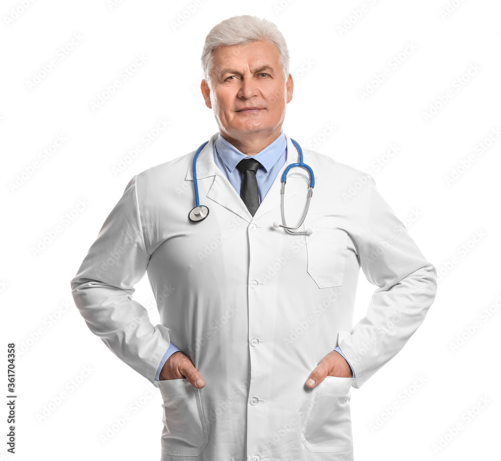 Portrait of senior doctor on white background
