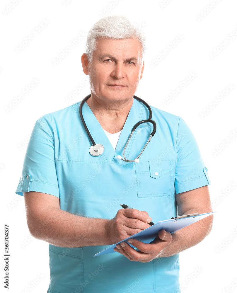 Portrait of senior doctor on white background