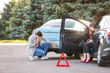 Wall Mural - Stressed drivers after car accident on road