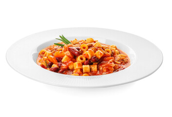 Bowl with tasty pasta and beans on white background