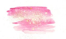 Golden Glitter And Glittering Stars On Abstract Pink Watercolor Splash In Vintage Nostalgic Colors On White Background