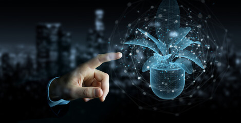 Aufkleber - Man hand holding and touching holographic projection of a plant with digital analysis 3D rendering
