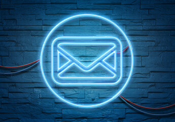 Fototapete - Email neon icon illuminating a brick wall with blue and pink glowing light 3D rendering
