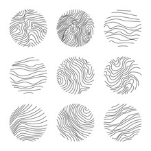 Set Of Round Modern Minimal Logo With Organic Shapes With Dynamic Waves And Lines. Vector Emblem For Cosmetics, Beauty Industry. Hand Drawn Templates Black Color.