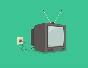 Isolated flat vector illustration of old television. Perspective view.