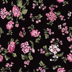 Seamless pattern with floral romantic elements, hand drawn flowers, vintage colors, Endless texture, vector flowers, isolated on black background. Vector illustration.