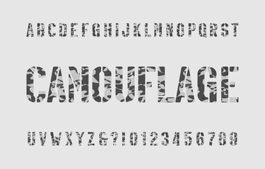 Poster - Camouflage alphabet font. Stencil camo letters and numbers in one color. Vector typescript for your design.