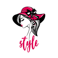 Wall Mural - Beauty salon, nails art and hair studio logo.Beautiful woman portrait with long, wavy hairstyle, elegant makeup and manicure.Fashion icon.Long eyelashes and red lipstick.Stylish sun hat.