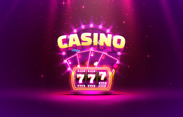 Wall Mural - Casino 3d cover, slot machines and roulette with cards, Scene background art. Vector