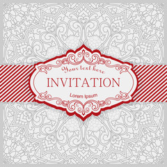 Wall Mural - Template greeting card, invitation and advertising banner, brochure with space for text. Vintage Invitation or wedding card with damask pattern and elegant floral elements in grey