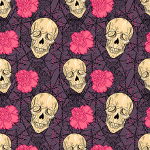 Bohemian Seamless Pattern With Human Skull, Flowers And Spider Web. Gothic Tattoo Art Style.