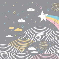  magic tale card banner design abstract scales comet, night sky, clouds stars, simple Nature doodle lines scandinavian style background trend of the season, circle pattern Blue pink white gray. Vector
