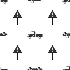 Sticker - Set Car, Pickup truck and Exclamation mark in triangle on seamless pattern. Vector