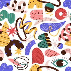 Poster - Colorful abstract trendy doodle shapes and objects seamless pattern. Hand drawn symbols vector flat illustration. Modern decorative funny curve, line, snake, eye with design elements