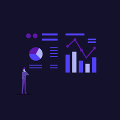 Poster - statistics charts analysis on Computer screen monitoring. Flat vector infographic analytic trend graphs information concept for planning and accounting, audit, data report, marketing illustration