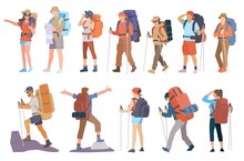 People With Hiking Backpack And Trekking Sticks. Young Men And Women Explorer Or Traveller In Sportswear. Adventure Tourism, Travel And Discovery Flat Vector Illustration.