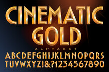 Vector Alphabet Of Golden Letters With Prismatic Rainbow Font Effects. This Lettering Is Similar To Classic Cinema Titling Styles