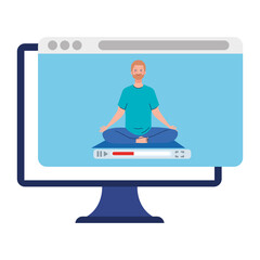 online, yoga concept, man practices yoga and meditation, watching a broadcast on a computer vector illustration design