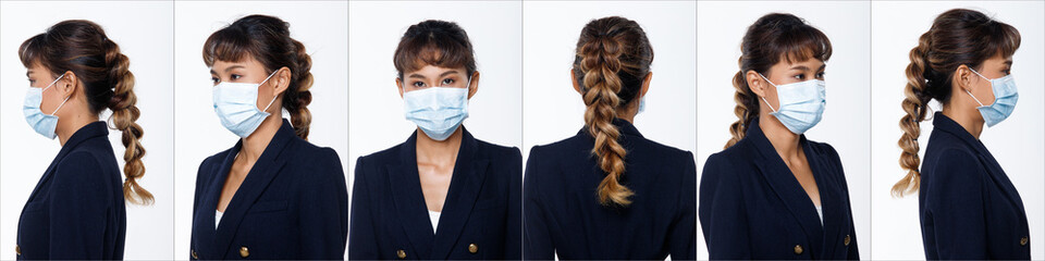 Asian woman white background isolated put surgical mask protect covid