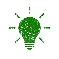 Poster - Light bulb icon with grunge texture. Incandescent lamp symbol. Idea and innovation sign. Creative energy or inspiration logo. Black silhouette. Isolated on white background. Vector illustration image.