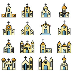 Wall Mural - Church icons set. Outline set of church vector icons thin line color flat on white
