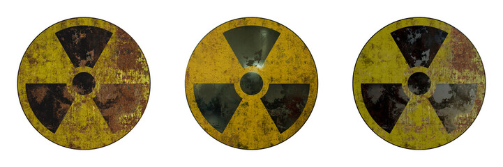 High Detailed Three Different Texture Type Grunge Radiation Warning Sign, Isolated on White Background, Radioactive Caution Icon, Waste Symbol, 3d Rendering