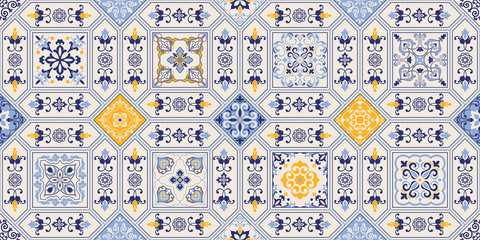 Azulejos tiles patchwork. Hand drawn seamless abstract pattern. Islam, Arabic, Indian, Ottoman motifs. Majolica pottery tile, blue, yellow azulejo. Original traditional Portuguese and Spain decor