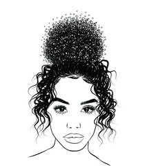 Curly beauty girl illustration isolated on clear background. Double buns with long hair. Hand draw idea for business cards, templates, web, brochure, posters, postcards, salon