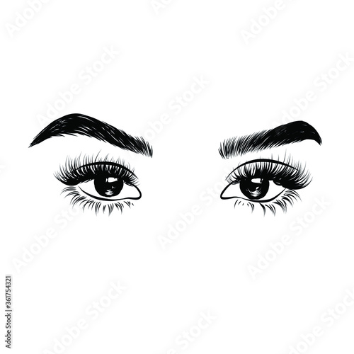 Sleek fashion illustration of the eye with luxe makeup and natural eyebrow. Hand drawn vector idea for business visit cards, templates, web, salon banners,brochures. Microblading visit card