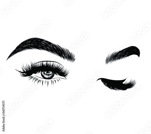 Sleek fashion illustration of the eye with luxe makeup and natural eyebrow. Hand drawn vector idea for business visit cards, templates, web, salon banners,brochures. Microblading visit card