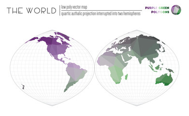 World map in polygonal style. Quartic authalic projection interrupted into two hemispheres of the world. Purple Green colored polygons. Elegant vector illustration.