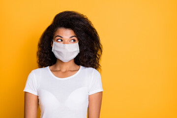 Wall Mural - Close-up portrait of her she nice wavy-haired girl wearing safety gauze mask overthinking symptom syndrome mers cov contamination flu flue prevention copy space isolated vivid yellow color background