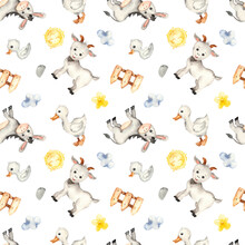 Multidirectional Watercolor Seamless Pattern With Farm Animals, Donkey, Goat, Goose, Fence, Sun On A White Background.