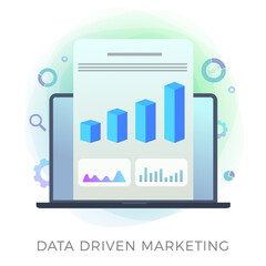 Fototapete - Data Driven Marketing flat vector icon. Conversion management and analysis with violet background. Digital Business Growth Optimization illustration concept. Laptop with charts and stats