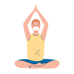 Wall Mural - man meditating wearing medical mask against covid 19, concept for yoga, meditation, relax, healthy lifestyle vector illustration design