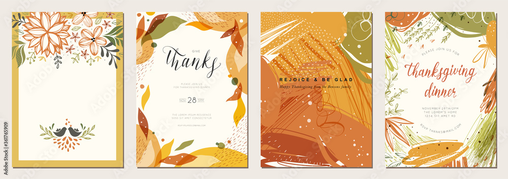 Thanksgiving cards. Set of abstract creative universal artistic templates. Good for poster, invitation, flyer, cover, banner, placard, brochure and other graphic design. - obrazy, fototapety, plakaty 