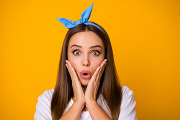 Poster - Close up photo of astonished girl look good incredible novelties scream touch hands palms cheeks wear modern clothes isolated over vivid color background