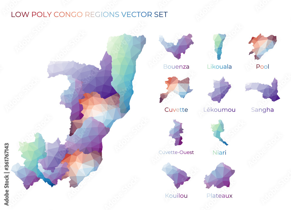 Congolese low poly regions. Polygonal map of Congo with regions ...