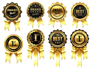 Wall Mural - Luxury golden badges with ribbons. Award for best quality, first place medal. Premium design labels for business. Round best seal template for product industry, shop vector illustration