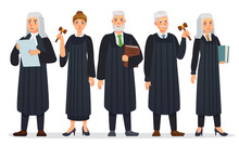 Judges team. Law judge in black robe costume, court people and justice workers vector cartoon illustration. Man and woman holding book and gavel or hummer, law occupation. Magistrate with mallet