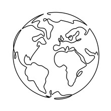 Earth. One Line Globus, World Planet Graphic Icon, America, Europe And Asia Global Technology, Simple Continuous Shape Doodle Vector Concept. World Map Minimalist Design Isolated On White Background