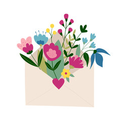 Wall Mural - Letter with a bouquet of flowers. Vector flat illustration isolated on a white background. Valentines day card design. Cute postcard.