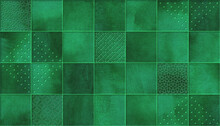 Digital Wall Tile Design For Washroom And Kitchen. Green Tiles With Ornaments.